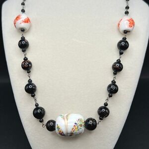 Vintage Art Glass Necklace Black Lampwork Beaded Confetti 20" READ